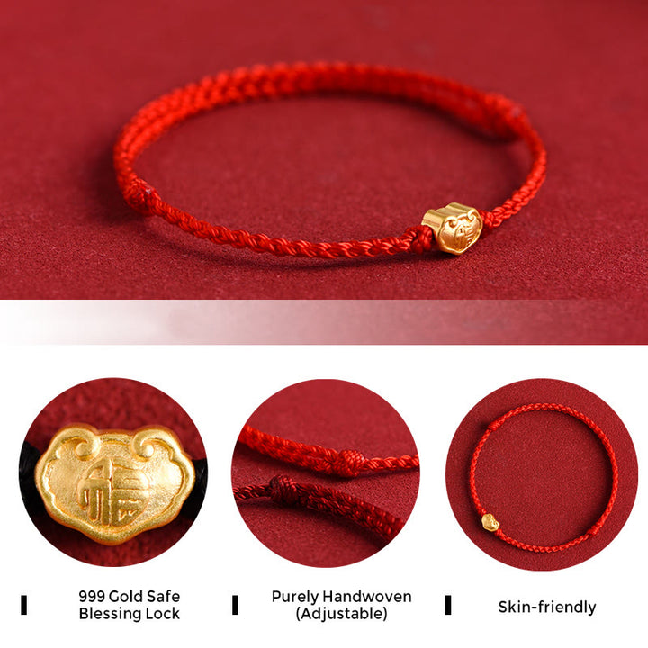 Buddha Stones 999 Gold Chinesischer Schloss-Charme Fu Charakter Schutz Handgemachtes Seil-Armband