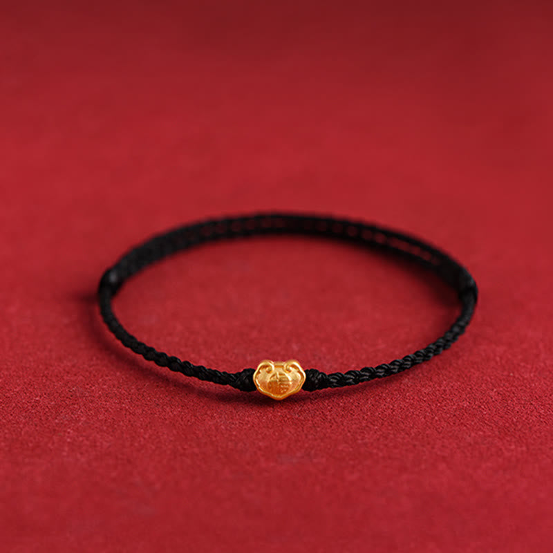 Buddha Stones 999 Gold Chinesischer Schloss-Charme Fu Charakter Schutz Handgemachtes Seil-Armband