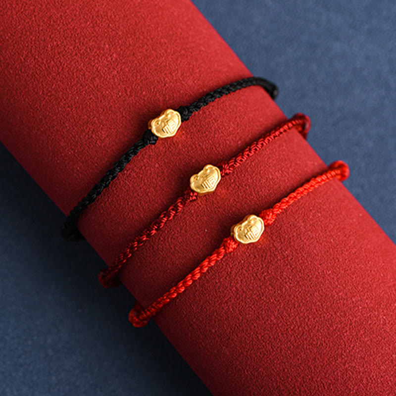 Buddha Stones ​​999 Gold Chinesischer Schloss-Charme Fu Charakter Schutz Handgemachtes Seil-Armband - image 3