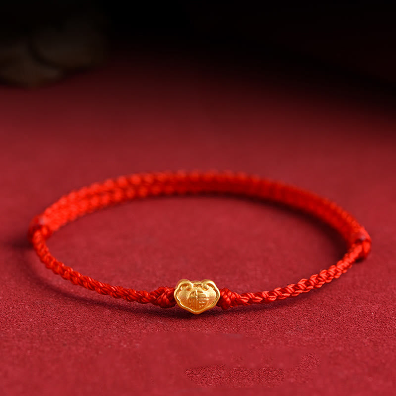 Buddha Stones ​​999 Gold Chinesischer Schloss-Charme Fu Charakter Schutz Handgemachtes Seil-Armband - Rot - Babyversion, passend für 0–4 Jahre (Handgelenkumfang 12–18 cm). - image 1