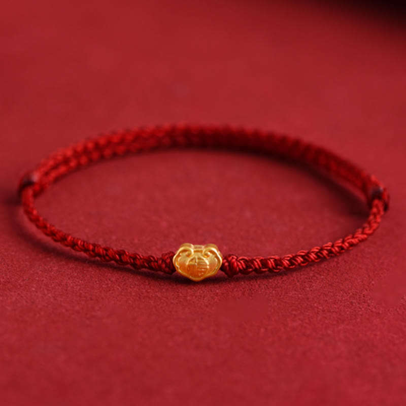 Buddha Stones 999 Gold Chinesischer Schloss-Charme Fu Charakter Schutz Handgemachtes Seil-Armband