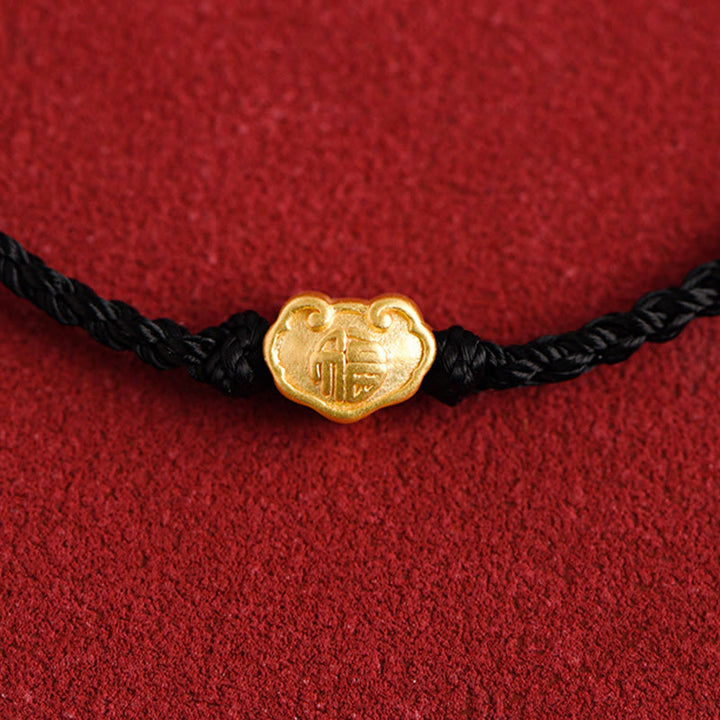 Buddha Stones 999 Gold Chinesischer Schloss-Charme Fu Charakter Schutz Handgemachtes Seil-Armband