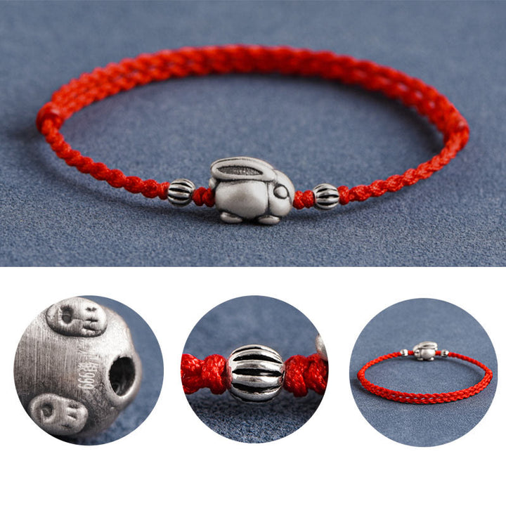 Buddha Stones Handgefertigtes 999 Sterling Silber Kaninchen Glück Seil Armband Fußkettchen