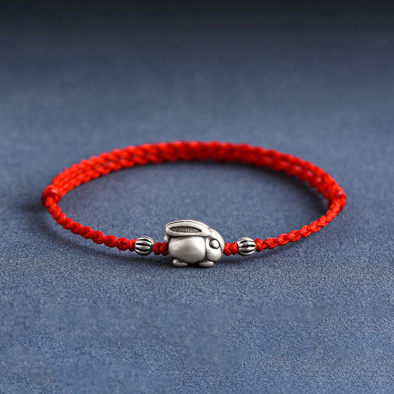Buddha Stones Handgefertigtes 999 Sterling Silber Kaninchen Glück Seil Armband Fußkettchen - Großes Kaninchen-Fußkettchen (Umfang 18–30 cm) - Rot - image 0