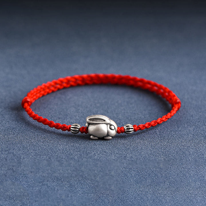 Buddha Stones Handgefertigtes 999 Sterling Silber Kaninchen Glück Seil Armband Fußkettchen - Großes Kaninchen-Fußkettchen (Umfang 18–30 cm) - Rot - image 0
