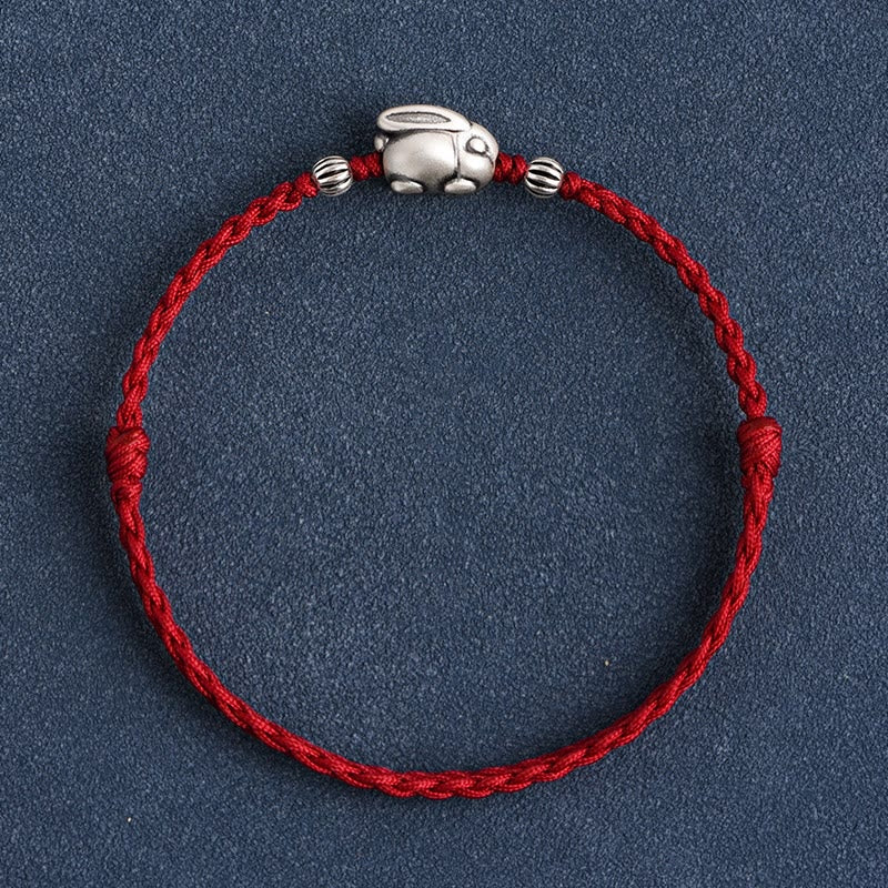 Buddha Stones Handgefertigtes 999 Sterling Silber Kaninchen Glück Seil Armband Fußkettchen