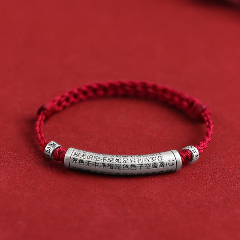 Buddha Stones , handgefertigt, 999 Sterlingsilber, Om Mani Padme Hum, Herz-Sutra, geschnitztes Glücksseil-Armband, Fußkettchen - Fußkettchen (Umfang 18-30 cm) - Dunkelrot - image 0