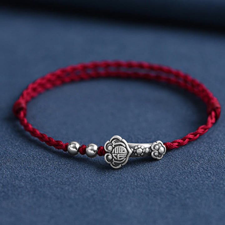 Buddha Stones , handgefertigt, 999 Sterlingsilber, Fu-Charakter, Wunsch-Ruyi-Griff, Glücksseil, Armband, Fußkettchen - Fußkettchen (Umfang 18-30 cm) - Dunkelrot - image 0