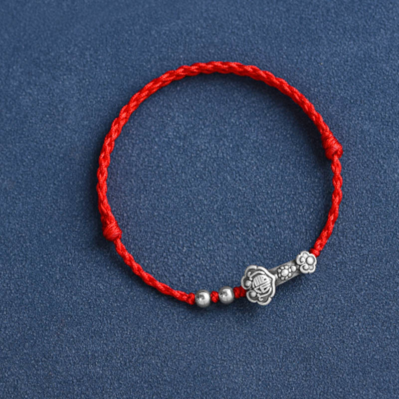 Buddha Stones , handgefertigt, 999 Sterlingsilber, Fu-Charakter, Wunsch-Ruyi-Griff, Glücksseil, Armband, Fußkettchen