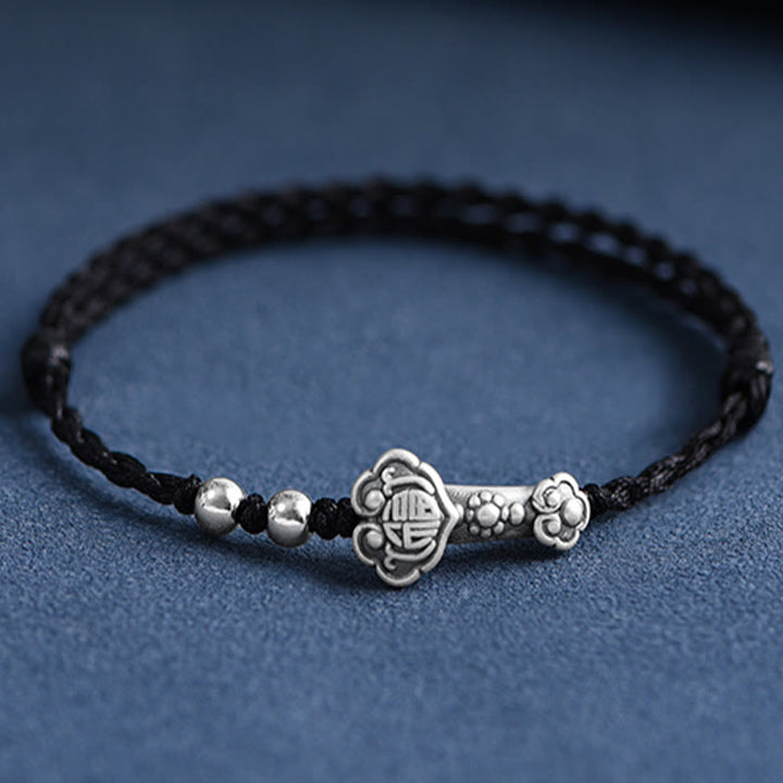 Buddha Stones , handgefertigt, 999 Sterlingsilber, Fu-Charakter, Wunsch-Ruyi-Griff, Glücksseil, Armband, Fußkettchen - Fußkettchen (Umfang 18-30 cm) - Schwarz - image 17