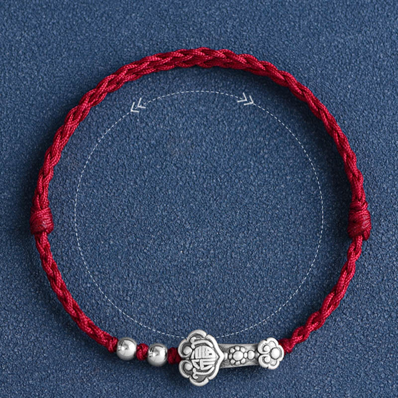 Buddha Stones , handgefertigt, 999 Sterlingsilber, Fu-Charakter, Wunsch-Ruyi-Griff, Glücksseil, Armband, Fußkettchen