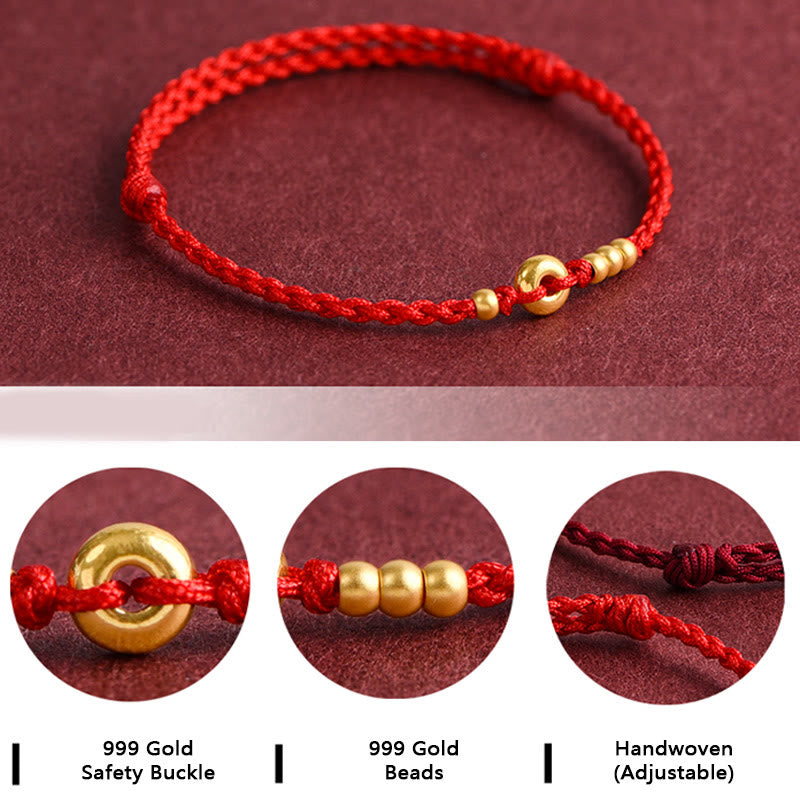 Buddha Stones 999 Gold Kleine Peace-Schnalle Design Handgemachtes Glücksarmband aus geflochtenem Seil Fußkettchen