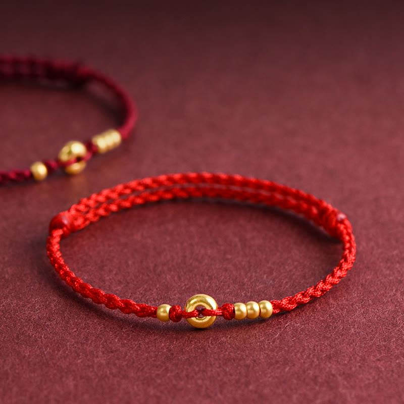 Buddha Stones 999 Gold Kleine Peace-Schnalle Design Handgemachtes Glücksarmband aus geflochtenem Seil Fußkettchen - Fußkettchen (Umfang 18–30 cm) - Rot - image 0