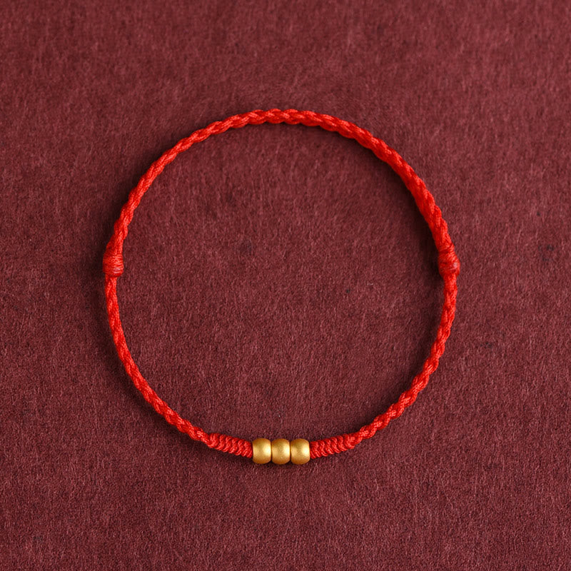 Buddha Stones 999 Gold Mini Drei Perlen Design Handarbeit Glück Seil Armband Fußkettchen - Fußkettchen (Umfang 18–30 cm) - Rot - image 0