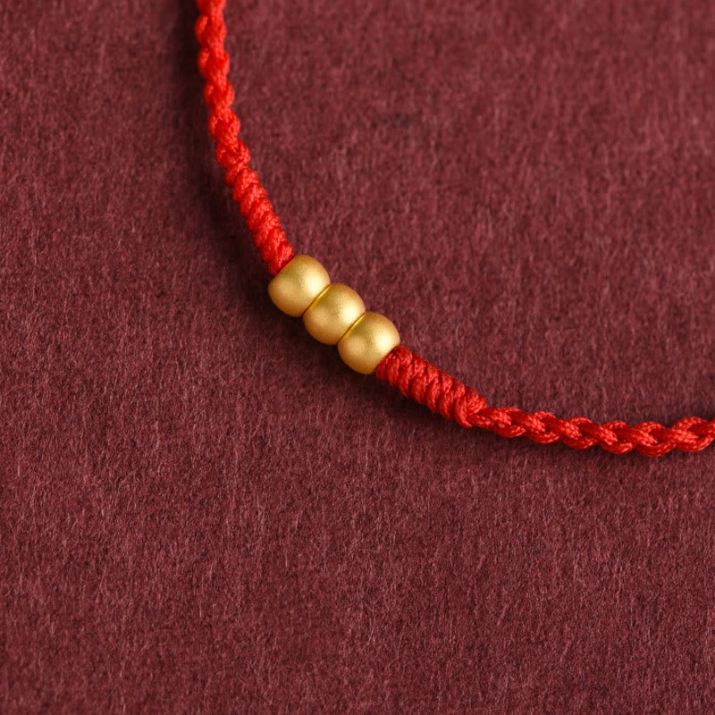 Buddha Stones 999 Gold Mini Drei Perlen Design Handarbeit Glück Seil Armband Fußkettchen - image 1