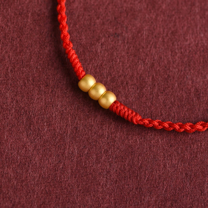 Buddha Stones 999 Gold Mini Drei Perlen Design Handarbeit Glück Seil Armband Fußkettchen - image 1