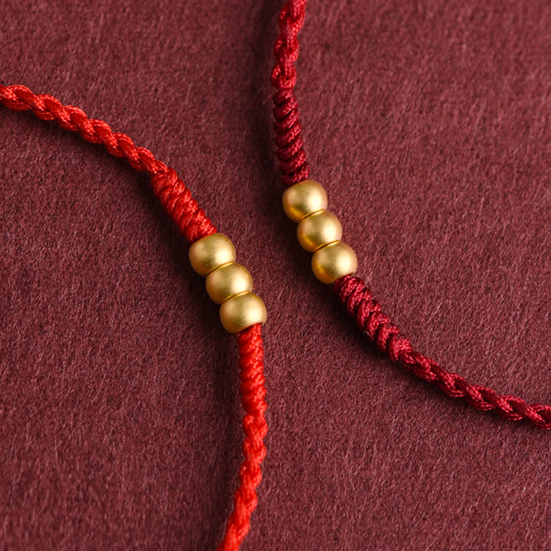 Buddha Stones 999 Gold Mini Drei Perlen Design Handarbeit Glück Seil Armband Fußkettchen - image 4