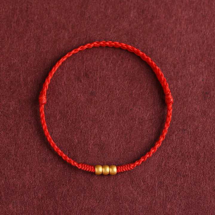 Buddha Stones 999 Gold Mini Drei Perlen Design Handarbeit Glück Seil Armband Fußkettchen - Fußkettchen (Umfang 18-30 cm) - Rot - image 0