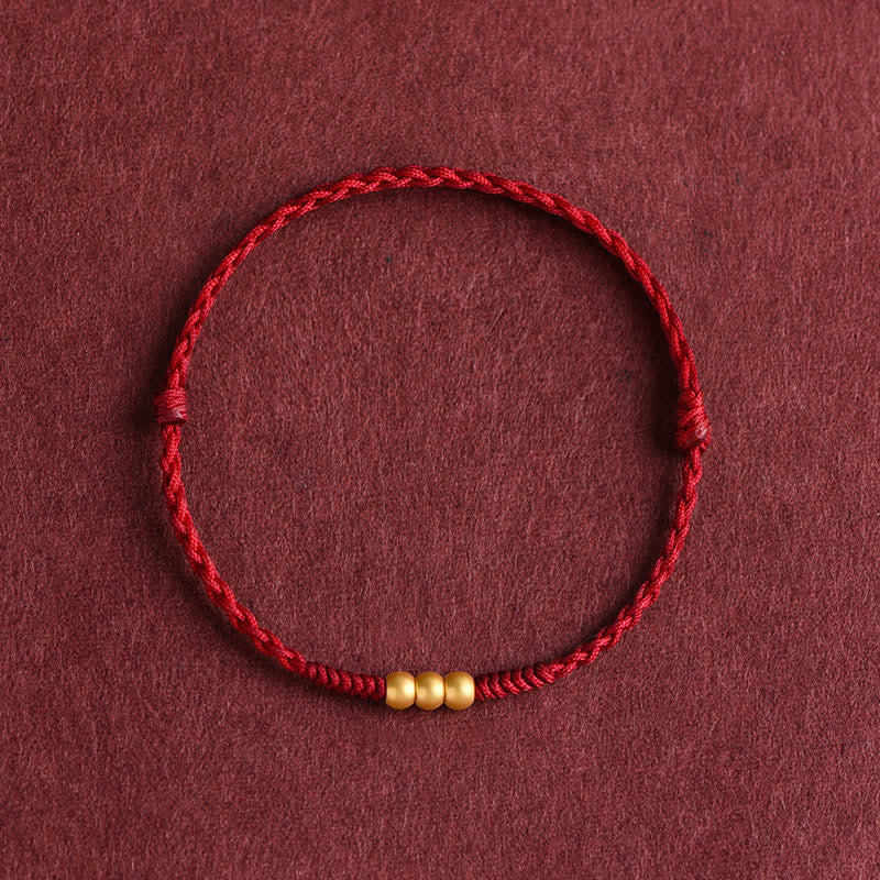 Buddha Stones 999 Gold Mini Drei Perlen Design Handarbeit Glück Seil Armband Fußkettchen - Fußkettchen (Umfang 18–30 cm) - Dunkelrot - image 7