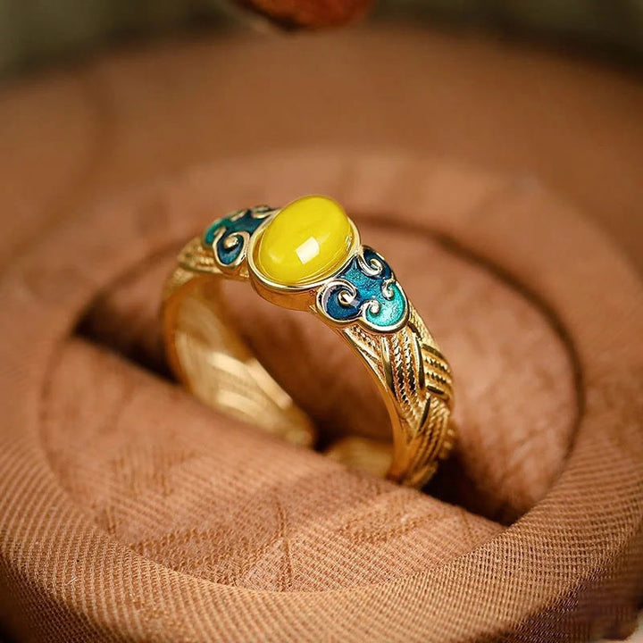 Buddha Stones, Bernstein, Kupfer, glückverheißende Wolken, Fokus, verstellbarer Ring