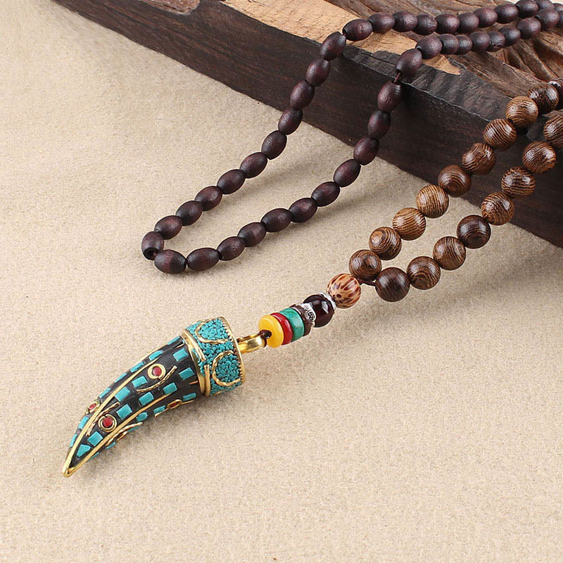 Buddha Stones ​​Tibet Wenge Holz Om Mani Padme Hum OM Symbol Mantra Horn Muster Schutz Halskette Anhänger - Wengeholz & Türkis - image 10