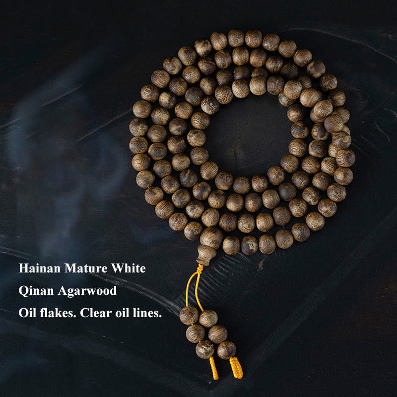 Buddha Stones 108 Mala-Perlen Hainan Weiß Qinan Adlerholz Ruhe Kraft Armband