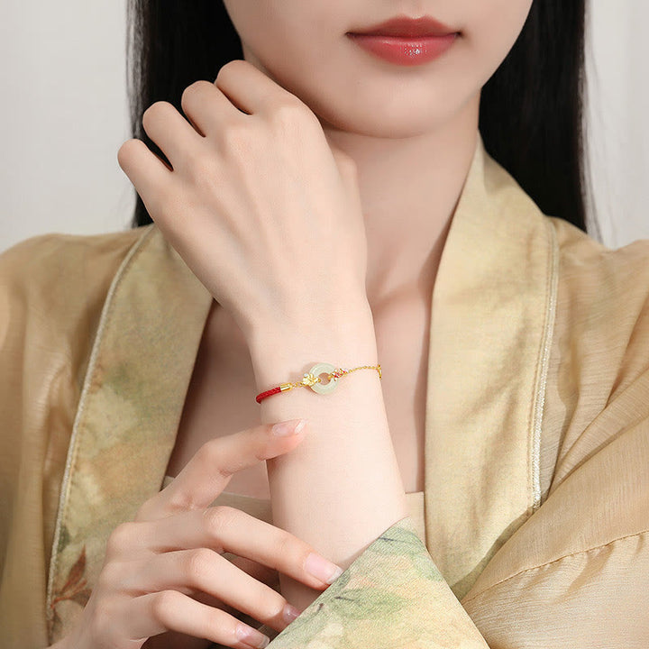 Buddha Stones Handgemachtes 925 Sterling Silber Hetian Jade Chinesischer Goldfisch Peace Schnalle Rotes Seil Armband