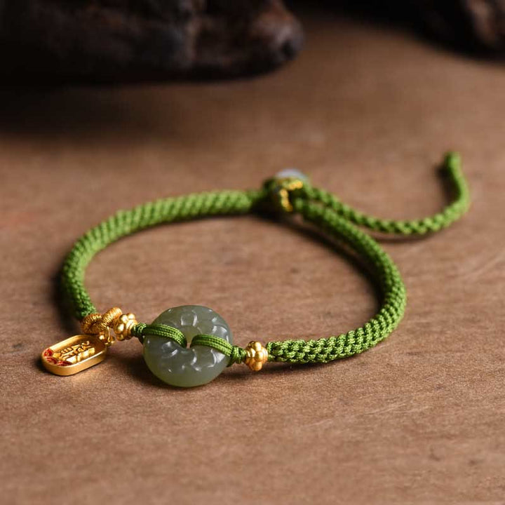 Buddha Stones Grünes Jade-Armband mit Peace-Schnalle und grünem Seil