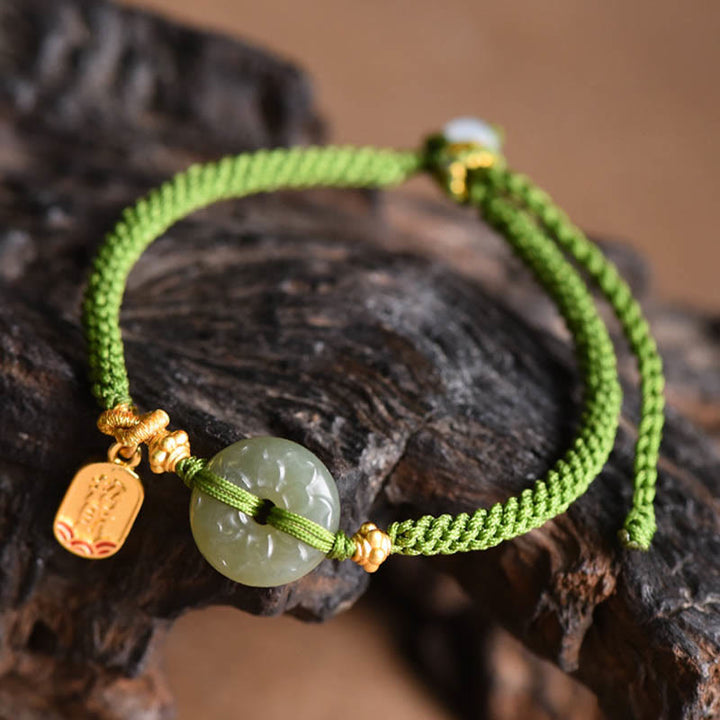 Buddha Stones Grünes Jade-Armband mit Peace-Schnalle und grünem Seil