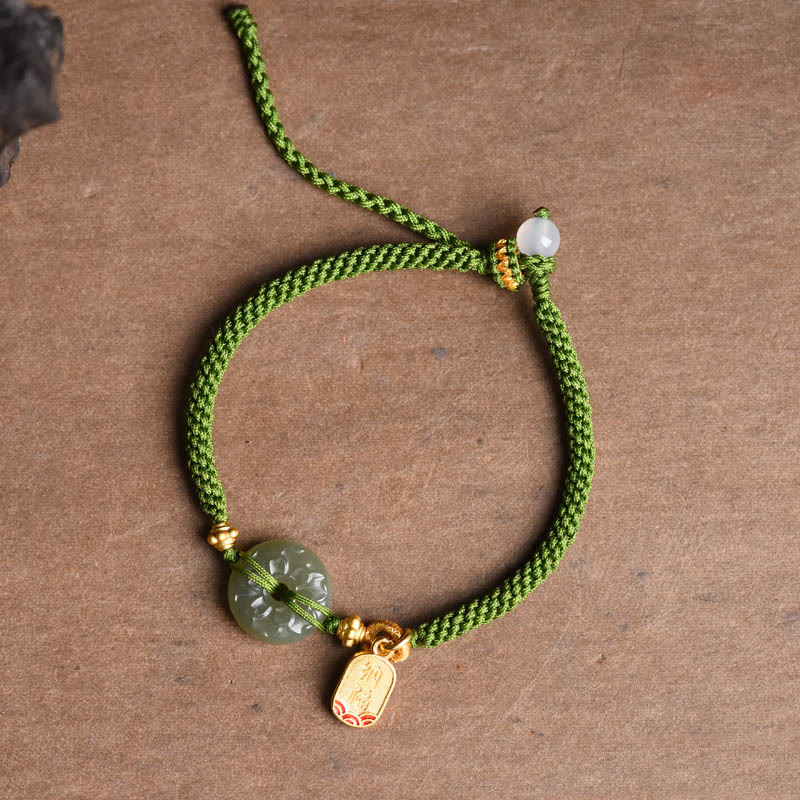 Buddha Stones Grünes Jade-Armband mit Peace-Schnalle und grünem Seil