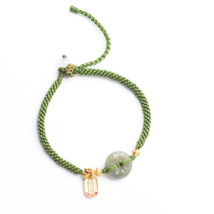 Buddha Stones Grünes Jade-Armband mit Peace-Schnalle und grünem Seil