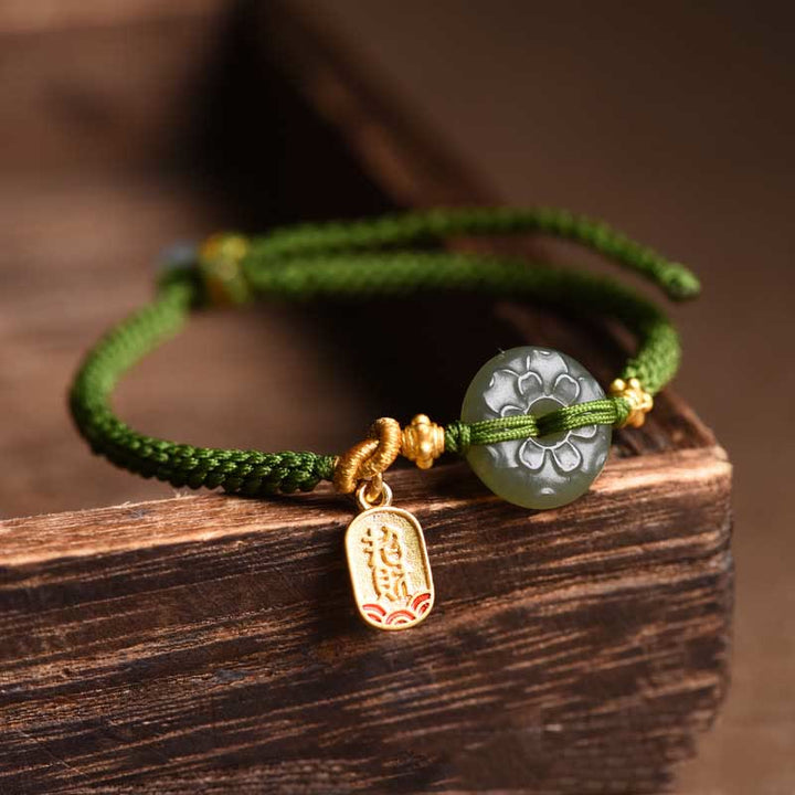 Buddha Stones Grünes Jade-Armband mit Peace-Schnalle und grünem Seil