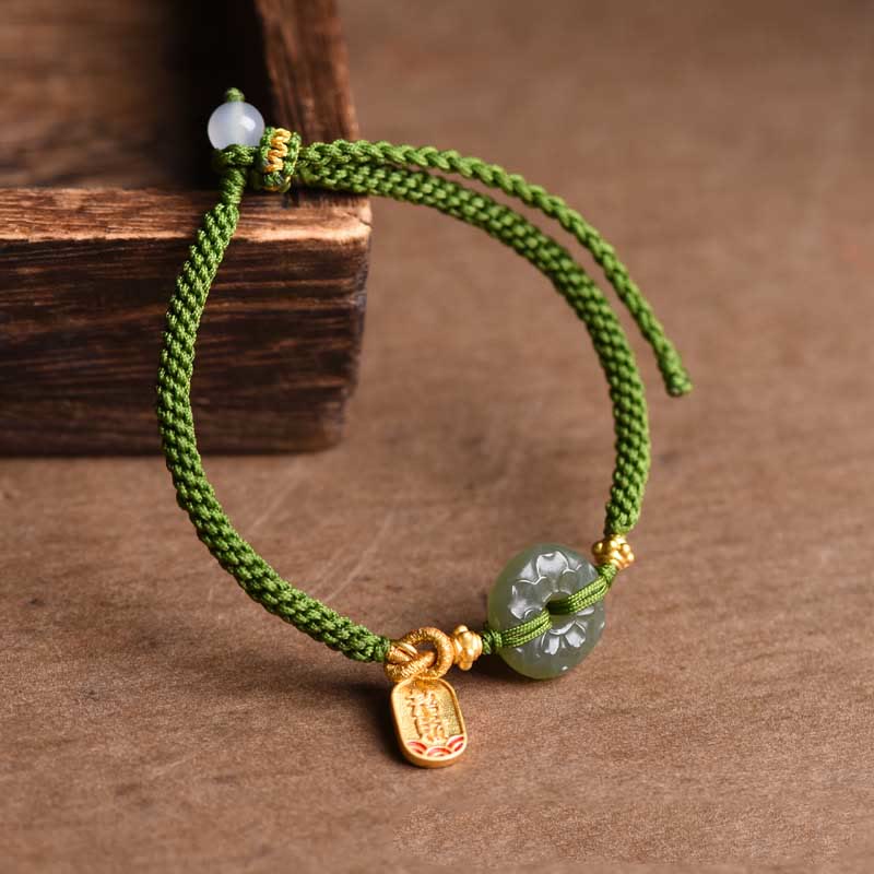 Buddha Stones Grünes Jade-Armband mit Peace-Schnalle und grünem Seil