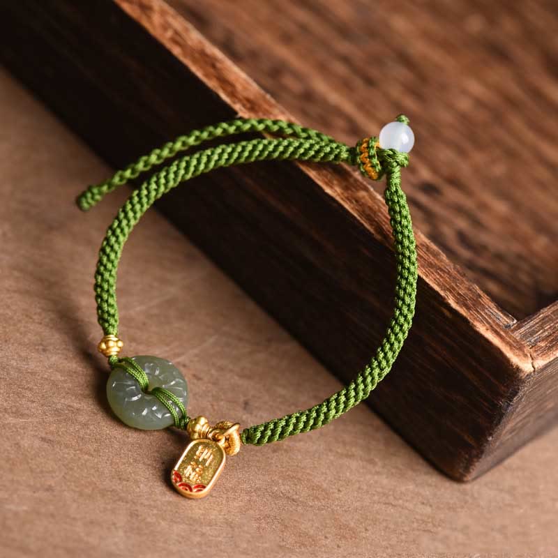 Buddha Stones Grünes Jade-Armband mit Peace-Schnalle und grünem Seil