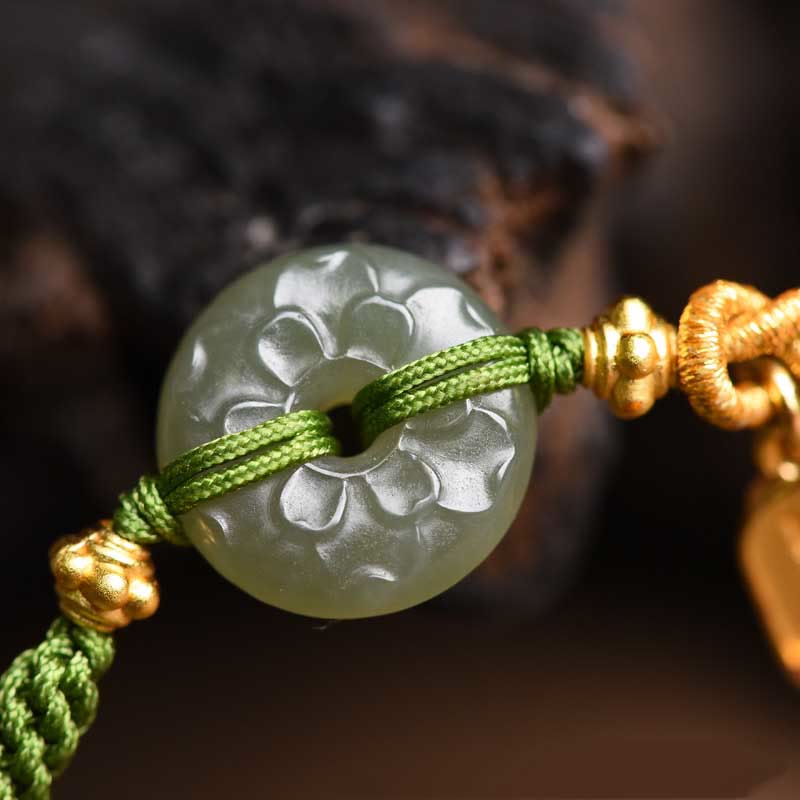 Buddha Stones Grünes Jade-Armband mit Peace-Schnalle und grünem Seil