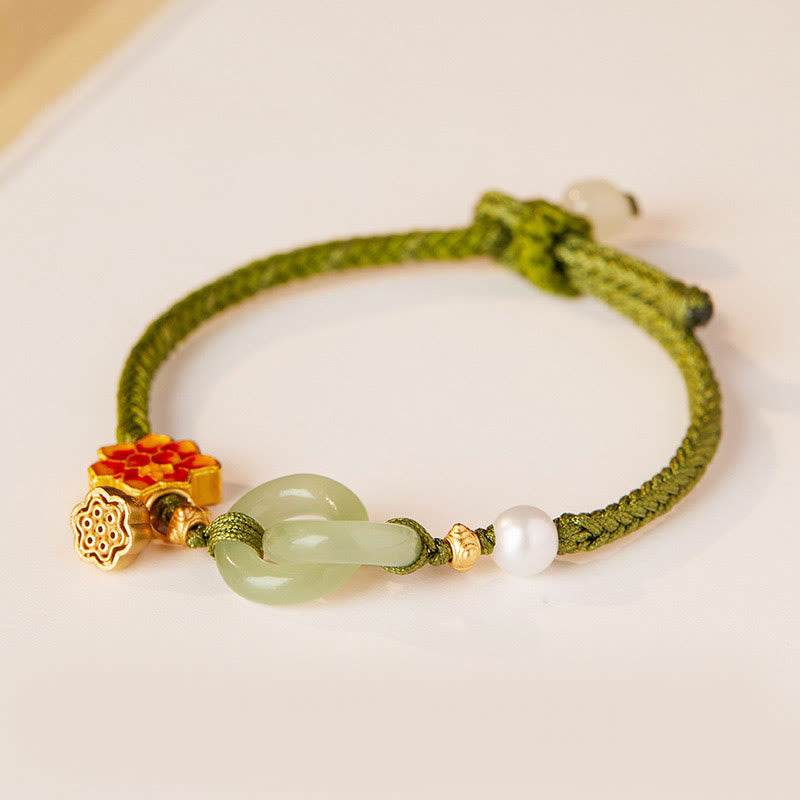 Buddha Stones Hetian Jade Lotus Frieden Schnalle geflochten Seil Glück Armband