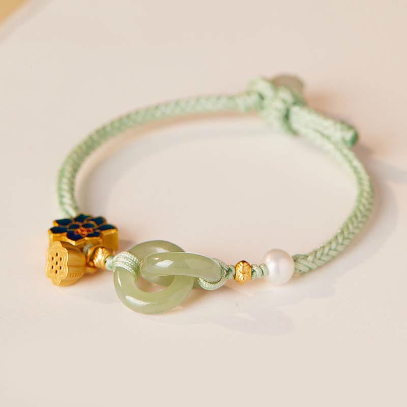 Buddha Stones Hetian Jade Lotus Frieden Schnalle geflochten Seil Glück Armband