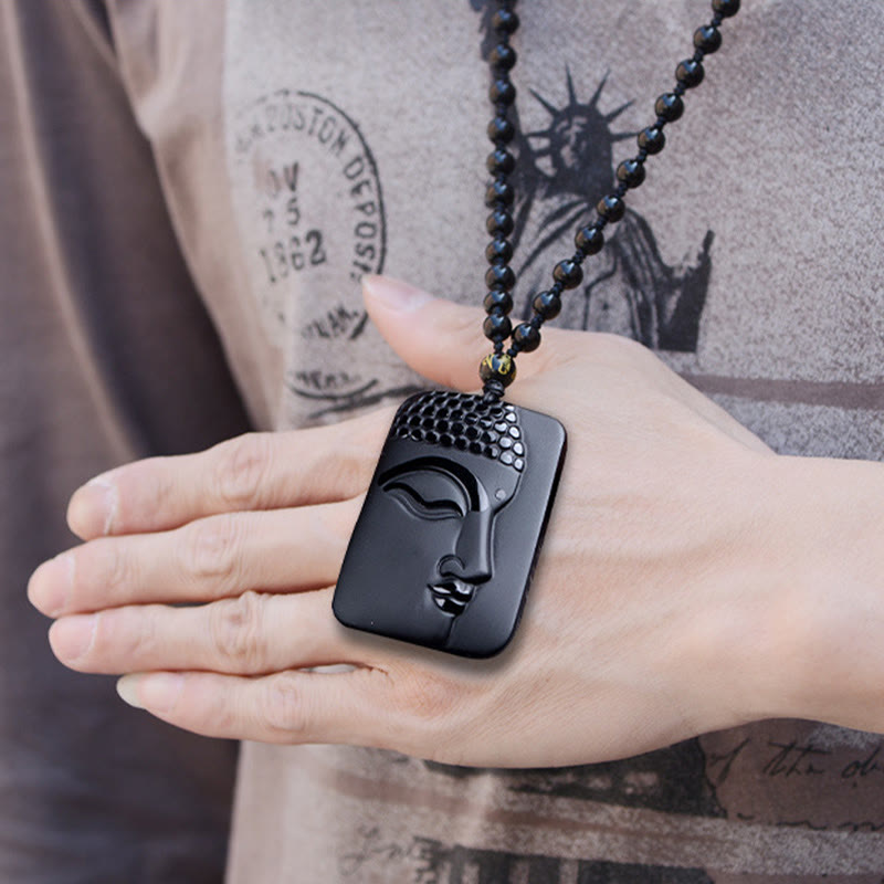 Buddha Stones, natürlicher schwarzer Obsidian, Buddha-Gebet, Reinigung, Glücks-Anhänger, Halskette