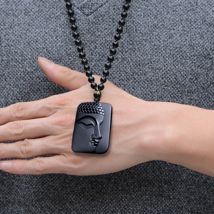 Buddha Stones, natürlicher schwarzer Obsidian, Buddha-Gebet, Reinigung, Glücks-Anhänger, Halskette