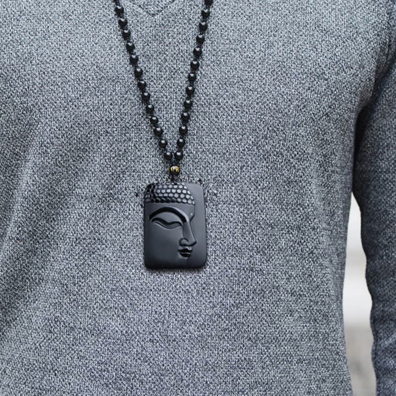 Buddha Stones, natürlicher schwarzer Obsidian, Buddha-Gebet, Reinigung, Glücks-Anhänger, Halskette - image 5