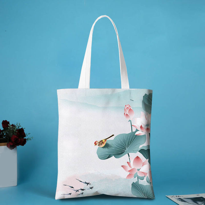 Einkaufstasche mit Buddha Stones -Tuschemalerei, großes Fassungsvermögen, Canvas, Koi-Fische, Lotus, Reißverschluss, Schultertasche