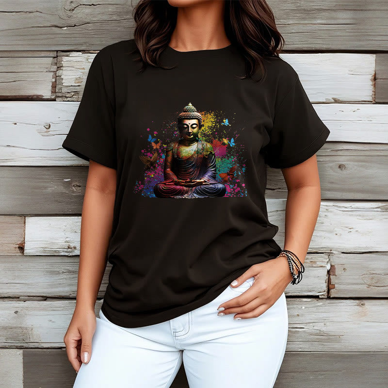 Buddha Stones Buntes Schmetterlings-Meditations-Buddha-T-Shirt - image 3