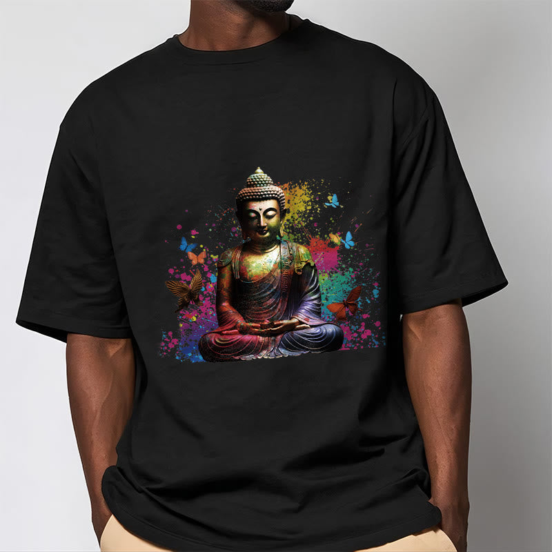 Buddha Stones Buntes Schmetterlings-Meditations-Buddha-T-Shirt - image 1