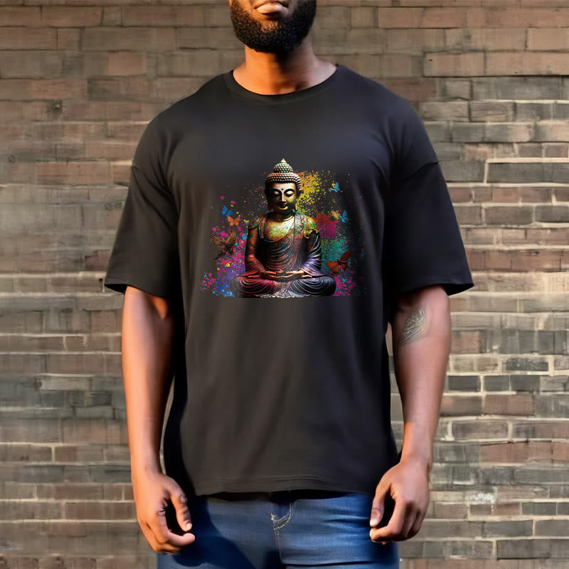 Buddha Stones Buntes Schmetterlings-Meditations-Buddha-T-Shirt - image 2