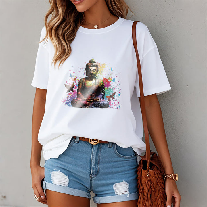 Buddha Stones Buntes Schmetterlings-Meditations-Buddha-T-Shirt - image 6