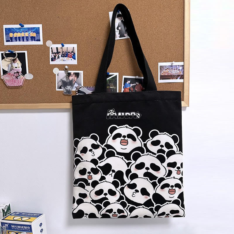 Buddha Stones Handgefertigte große Kapazität Canvas süße Panda Pendler Einkaufs Schultertasche