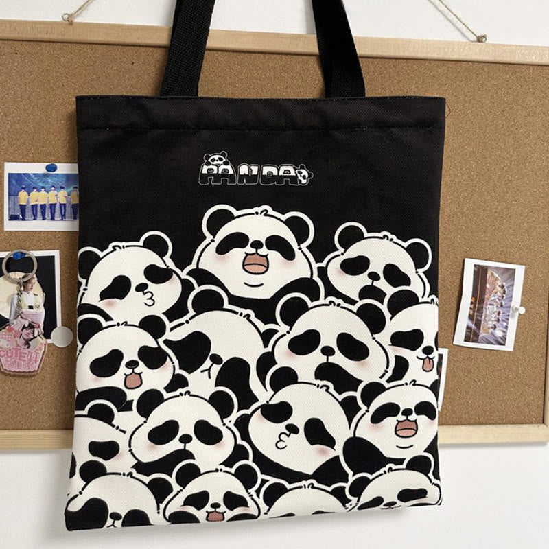 Buddha Stones Handgefertigte große Kapazität Canvas süße Panda Pendler Einkaufs Schultertasche