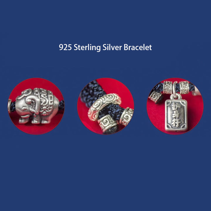 Buddha Stones 925 Sterling Silber Elefant Sicher und Wohl Amulett Charm Stärke Armband