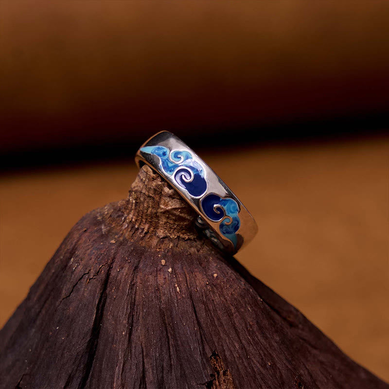 Buddha Stones Blaues Glücks-Wolkenmuster Wohlstand Kupfer Verstellbarer Ring