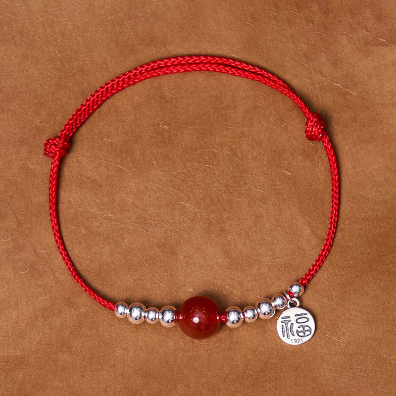 Buddha Stones Handgefertigtes 925-Sterling-Silber-Armband mit Fu-Zeichen und rotem Achat, geflochten mit ultradünnem Seil - Rotes, ultradünnes Seil (Handgelenkumfang 14-20 cm) - image 0